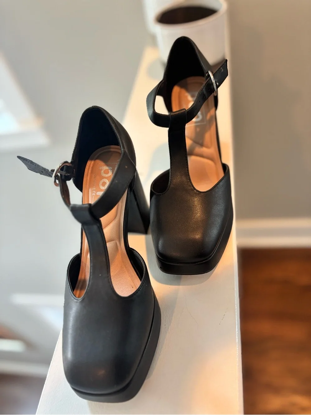 Black Platform T-Strap High Heel Sandals - Women